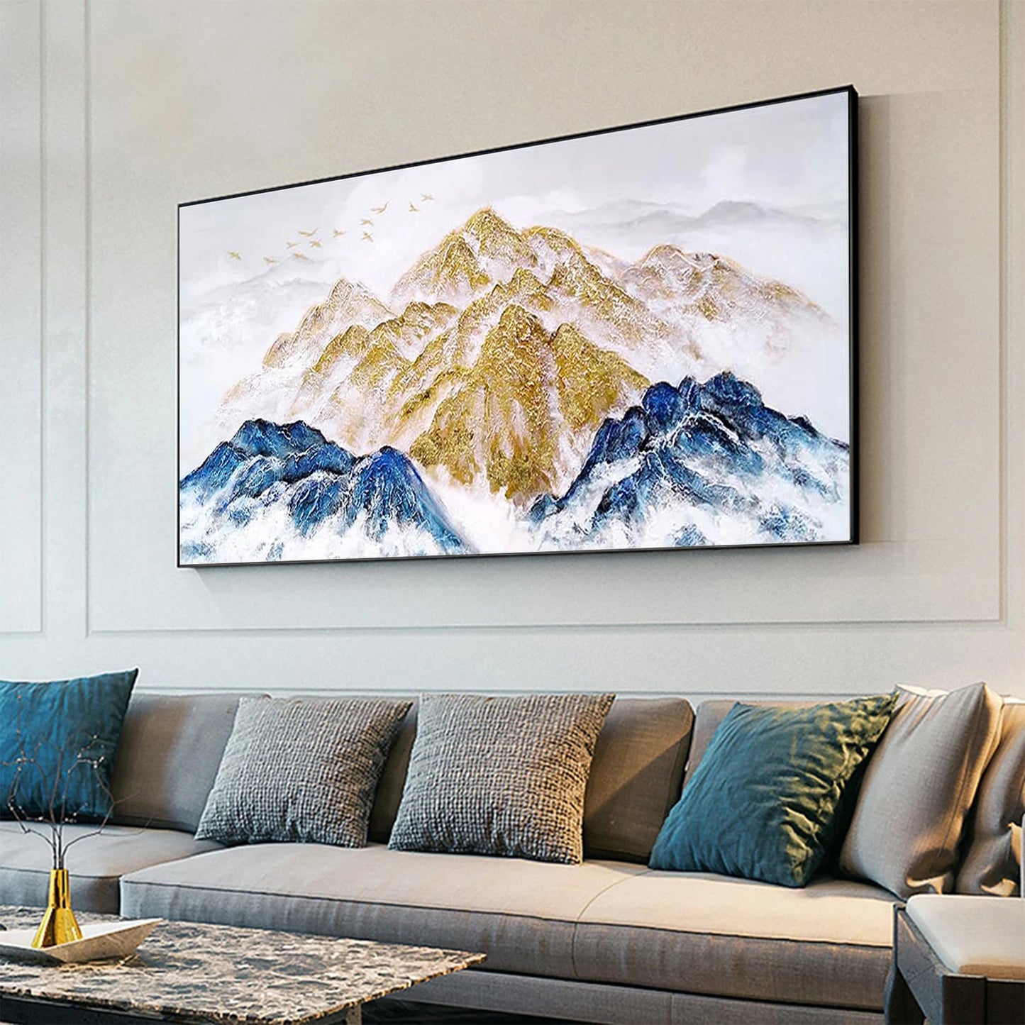 Blaue und goldene Berge Ölgemälde Handmade