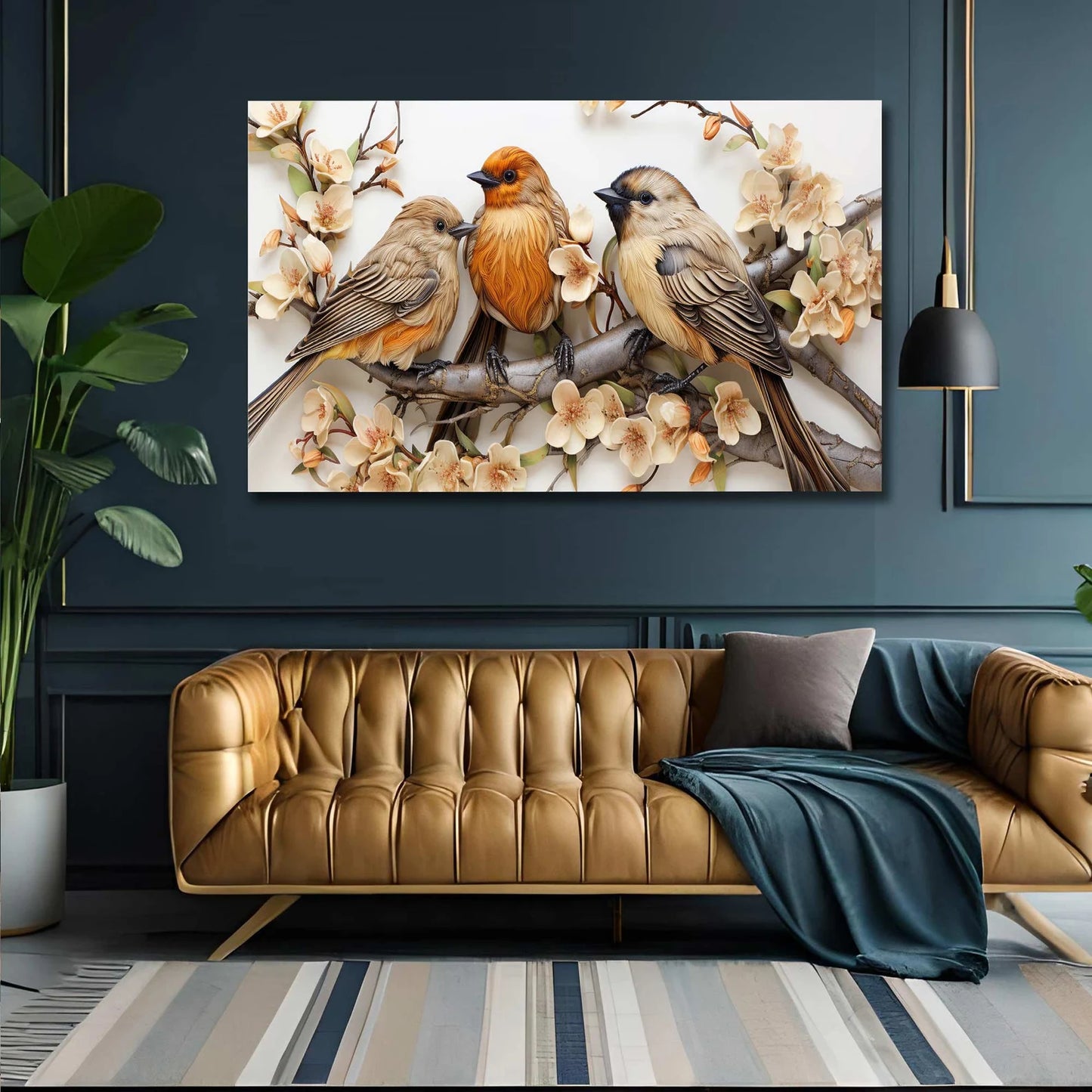 Drei Vögel auf Ast mit Blumen