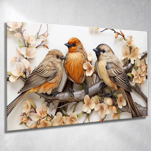 Drei Vögel auf Ast mit Blumen
