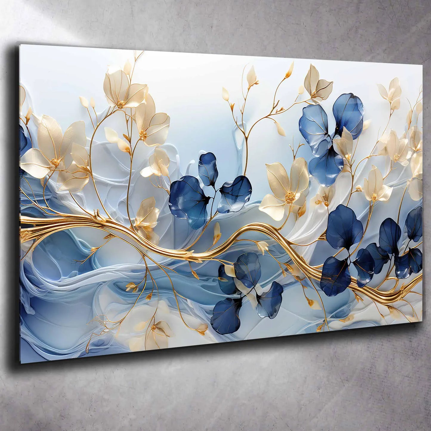 Blau Weisse Blumen an Gold Ast