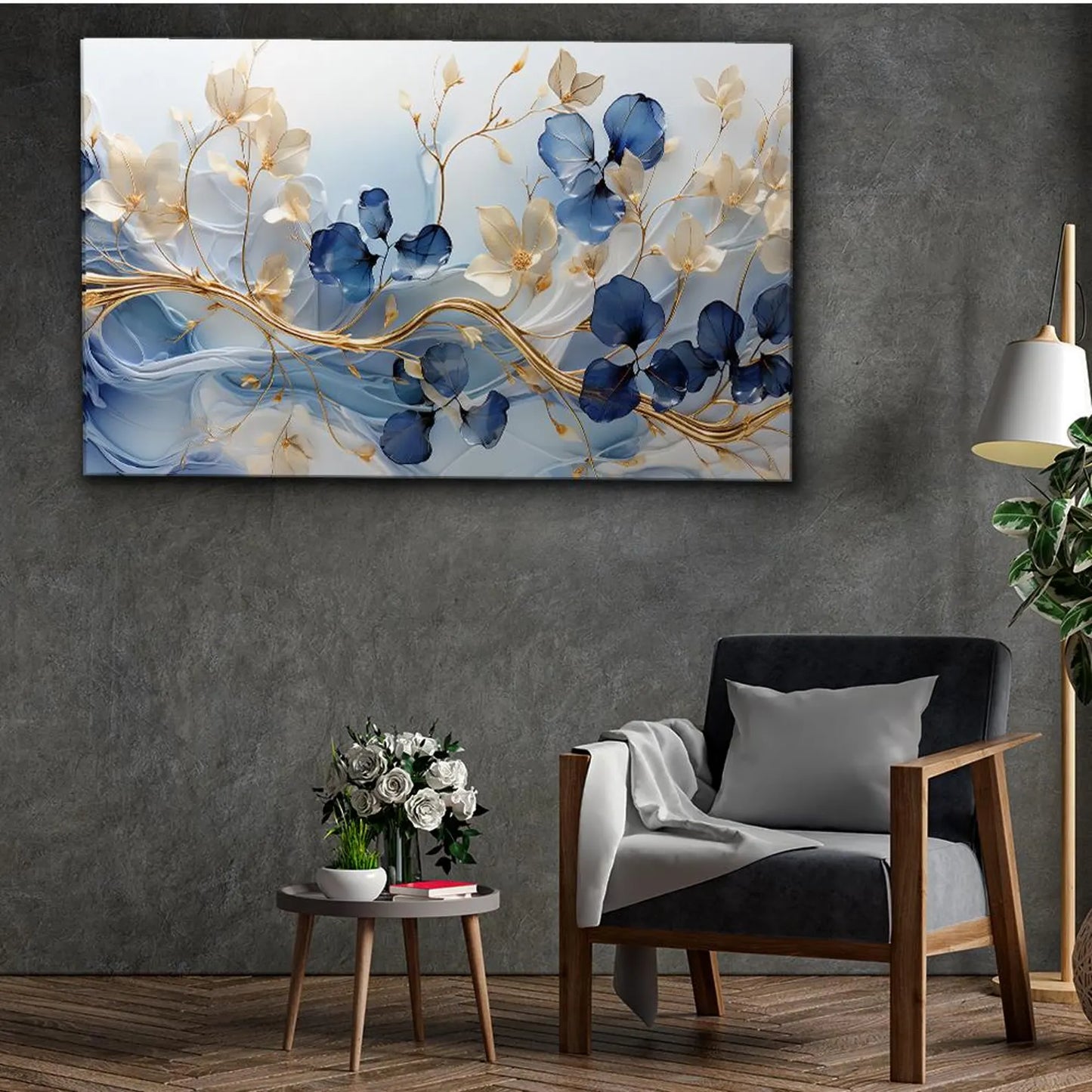 Blau Weisse Blumen an Gold Ast