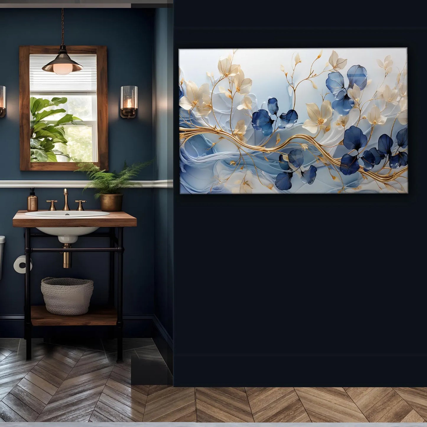 Blau Weisse Blumen an Gold Ast