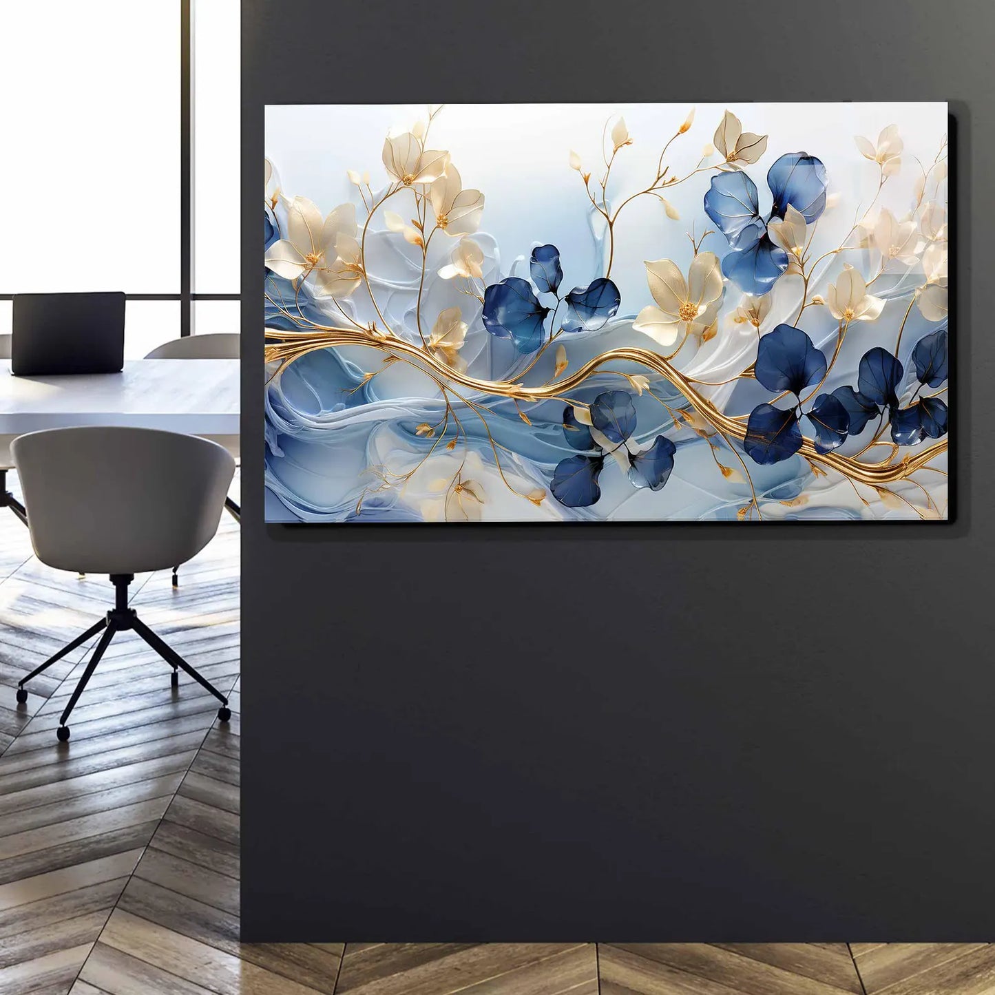 Blau Weisse Blumen an Gold Ast