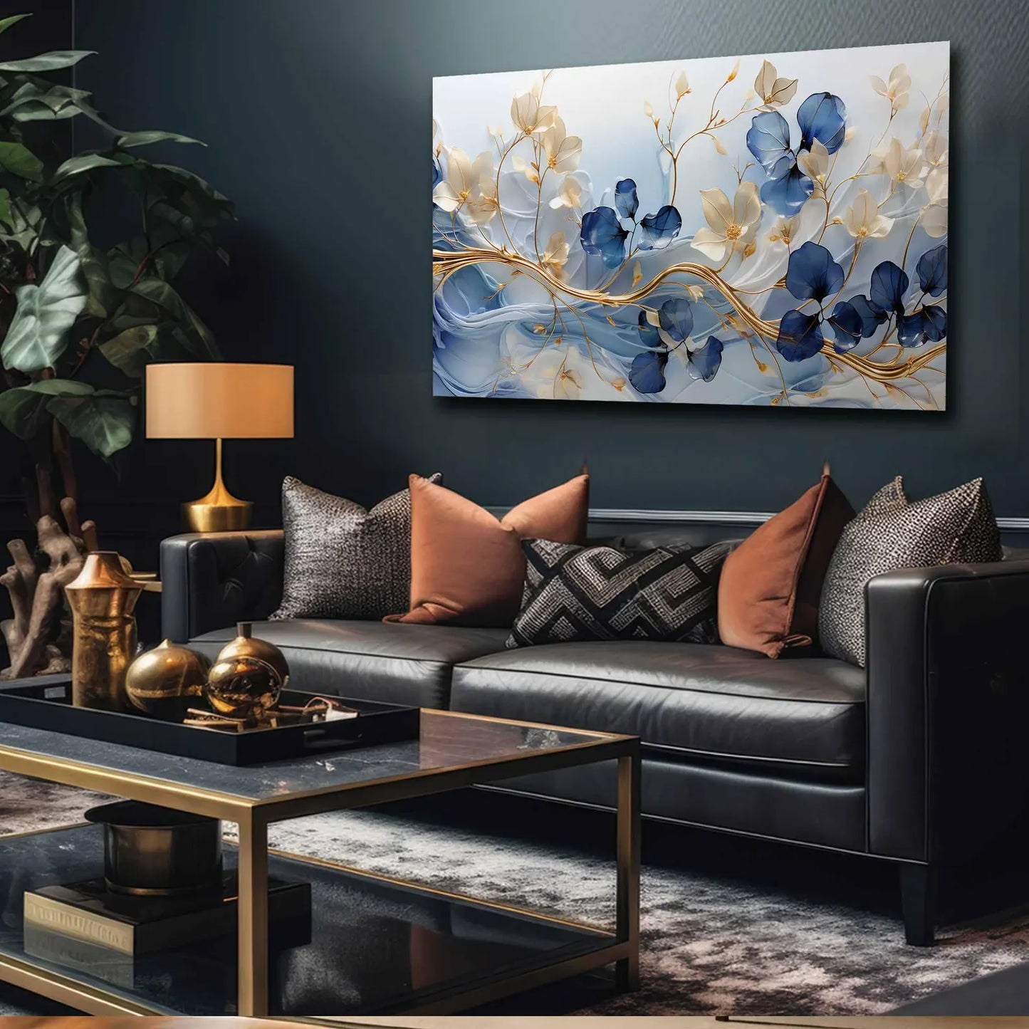 Blau Weisse Blumen an Gold Ast
