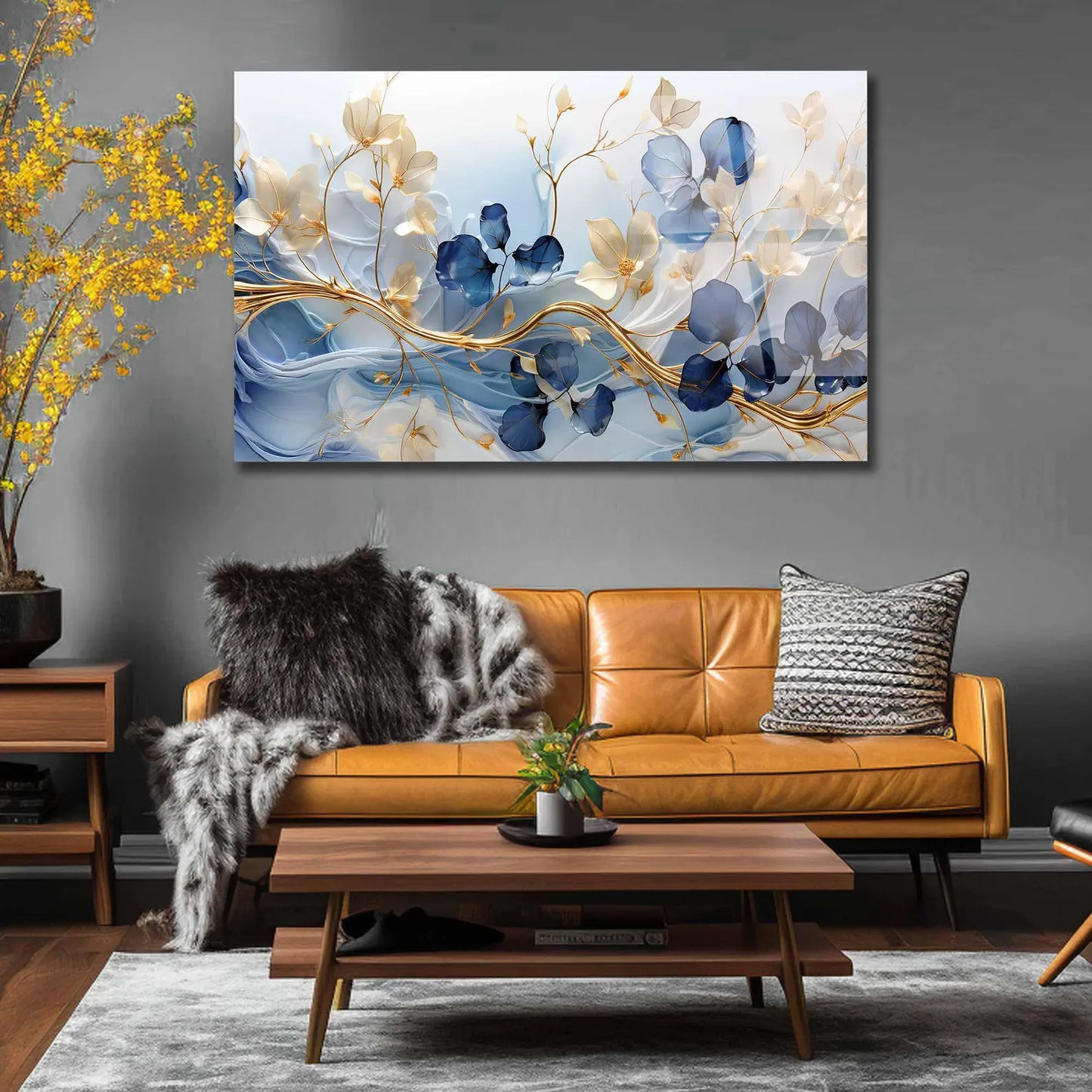 Blau Weisse Blumen an Gold Ast