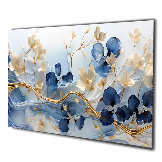 Blau Weisse Blumen an Gold Ast