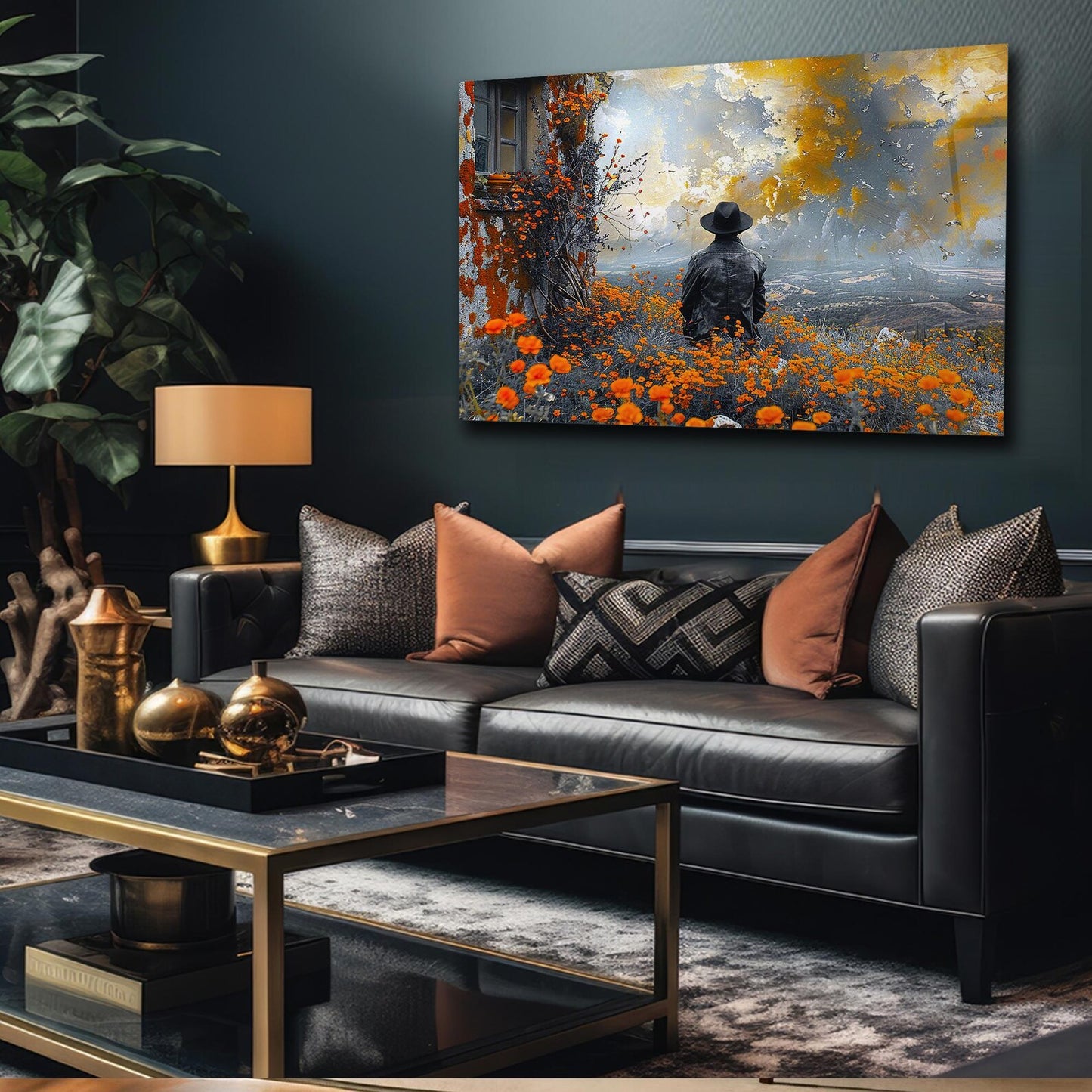 Der Mann in der orangenen Blumenwiese