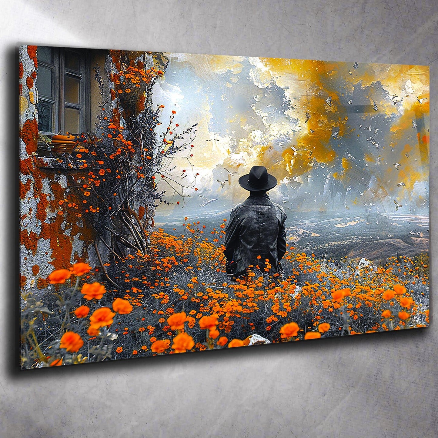 Der Mann in der orangenen Blumenwiese