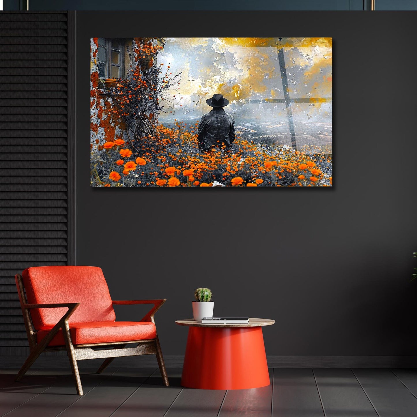 Der Mann in der orangenen Blumenwiese