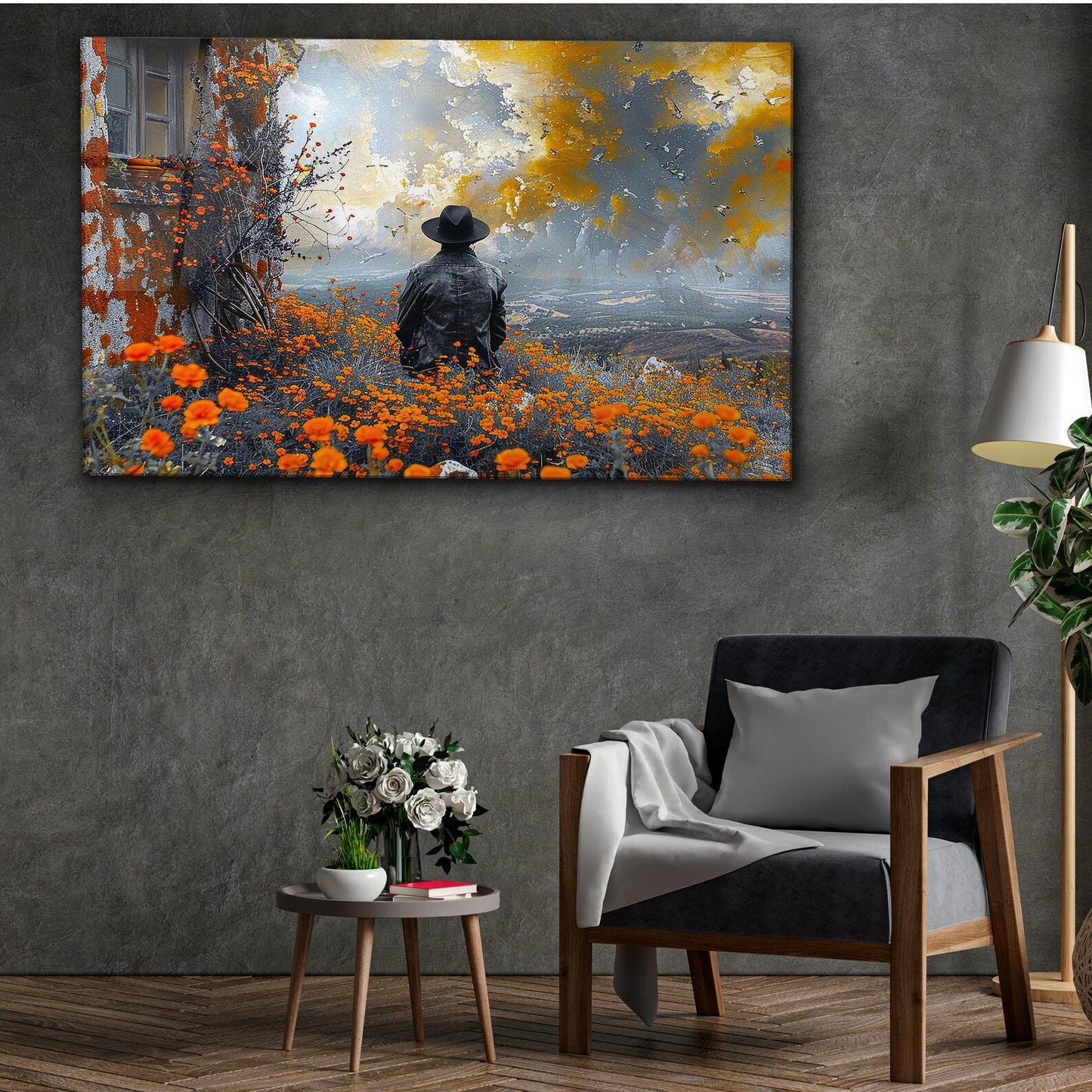 Der Mann in der orangenen Blumenwiese