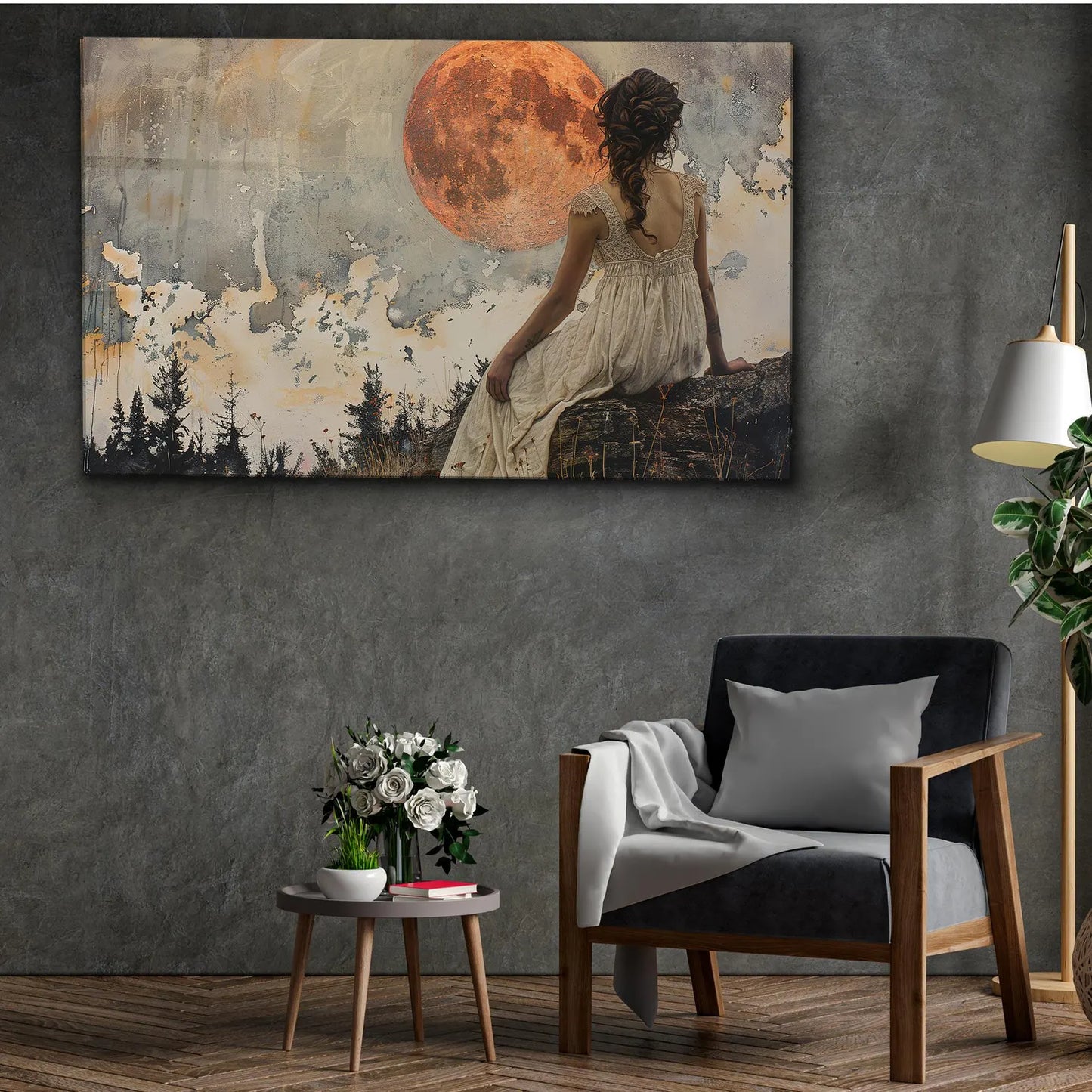 Frau sitzend mit Mond