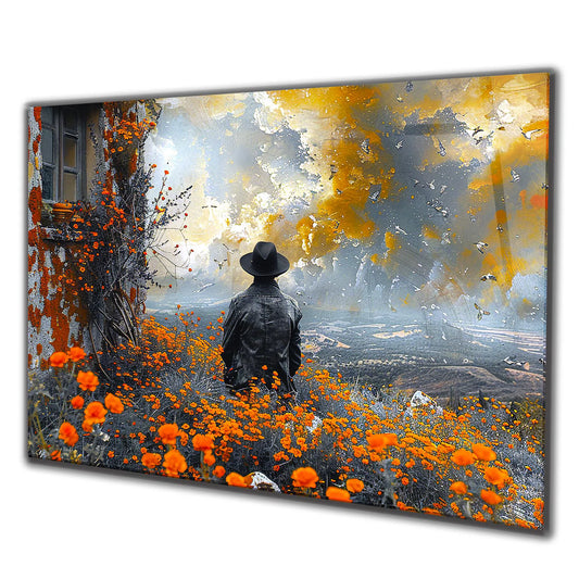 Der Mann in der orangenen Blumenwiese