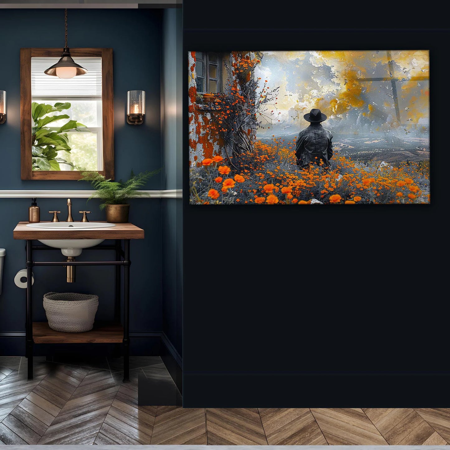 Der Mann in der orangenen Blumenwiese