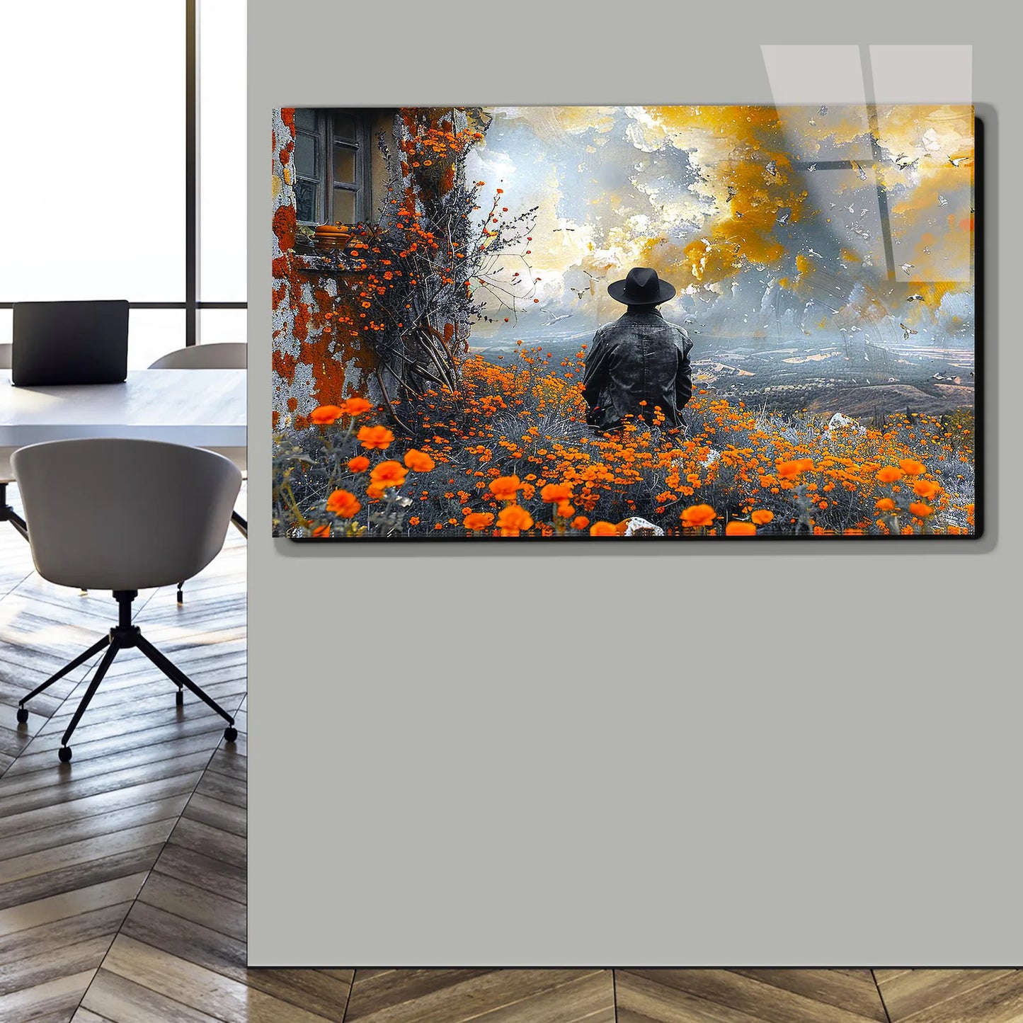 Der Mann in der orangenen Blumenwiese