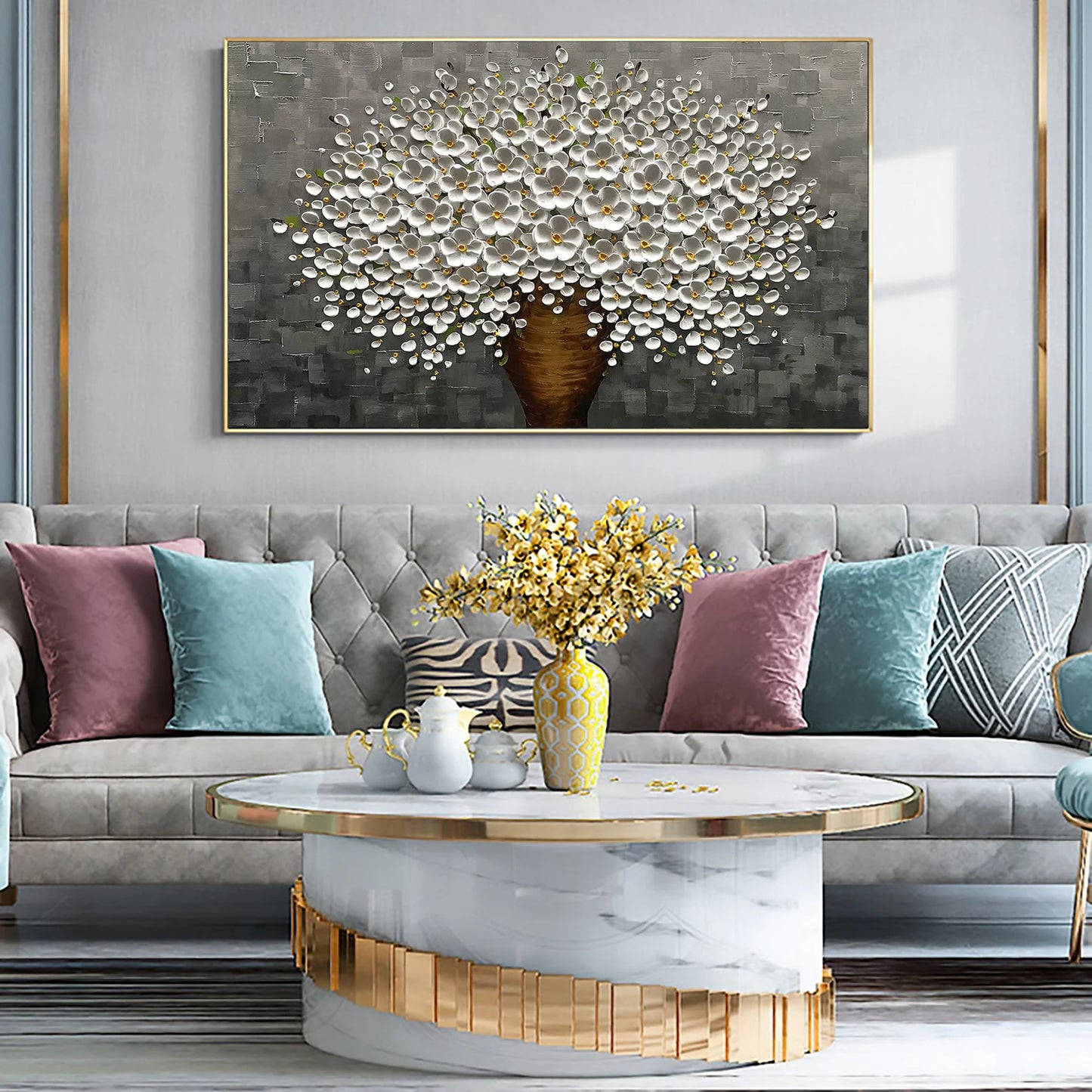 HAND DRAWN Cherry Blossom Black and White Oil Painting
