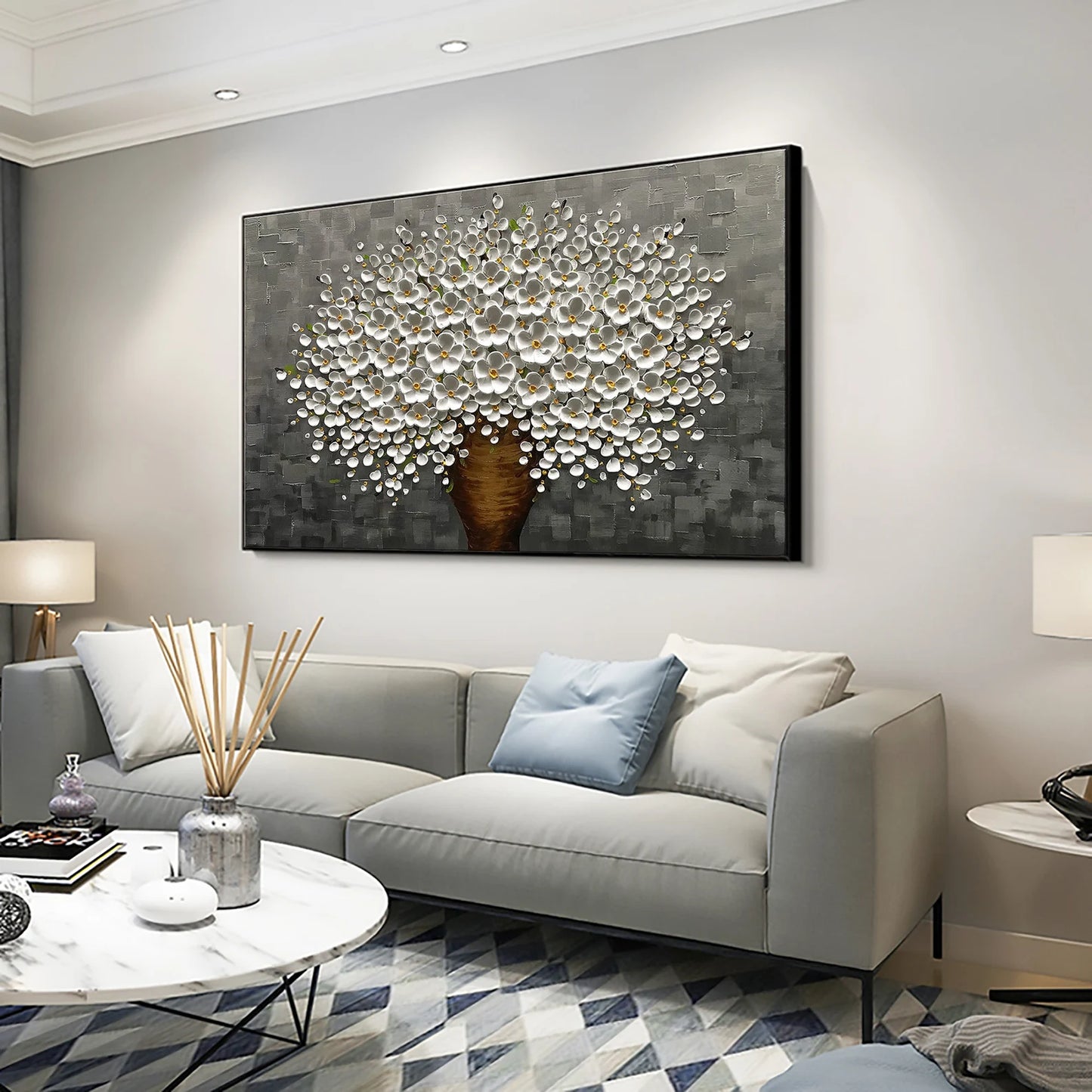 HAND DRAWN Cherry Blossom Black and White Oil Painting