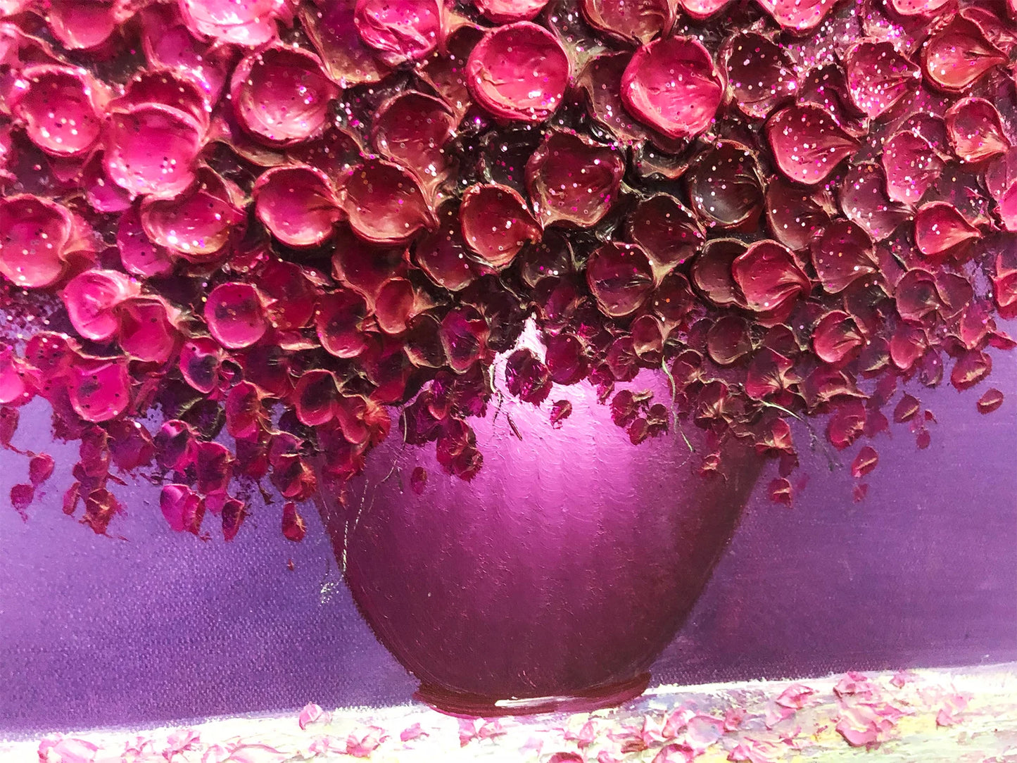 HAND DRAWN Purple Flowers in Vase Oil Painting