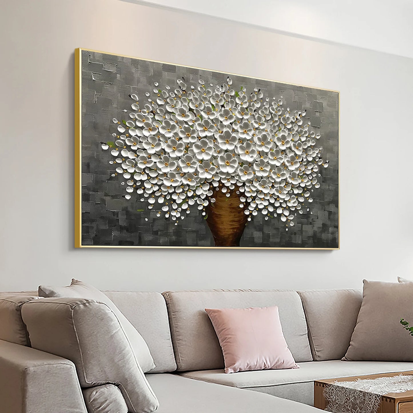 HAND DRAWN Cherry Blossom Black and White Oil Painting