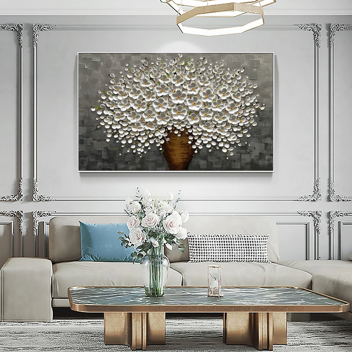 HAND DRAWN Cherry Blossom Black and White Oil Painting