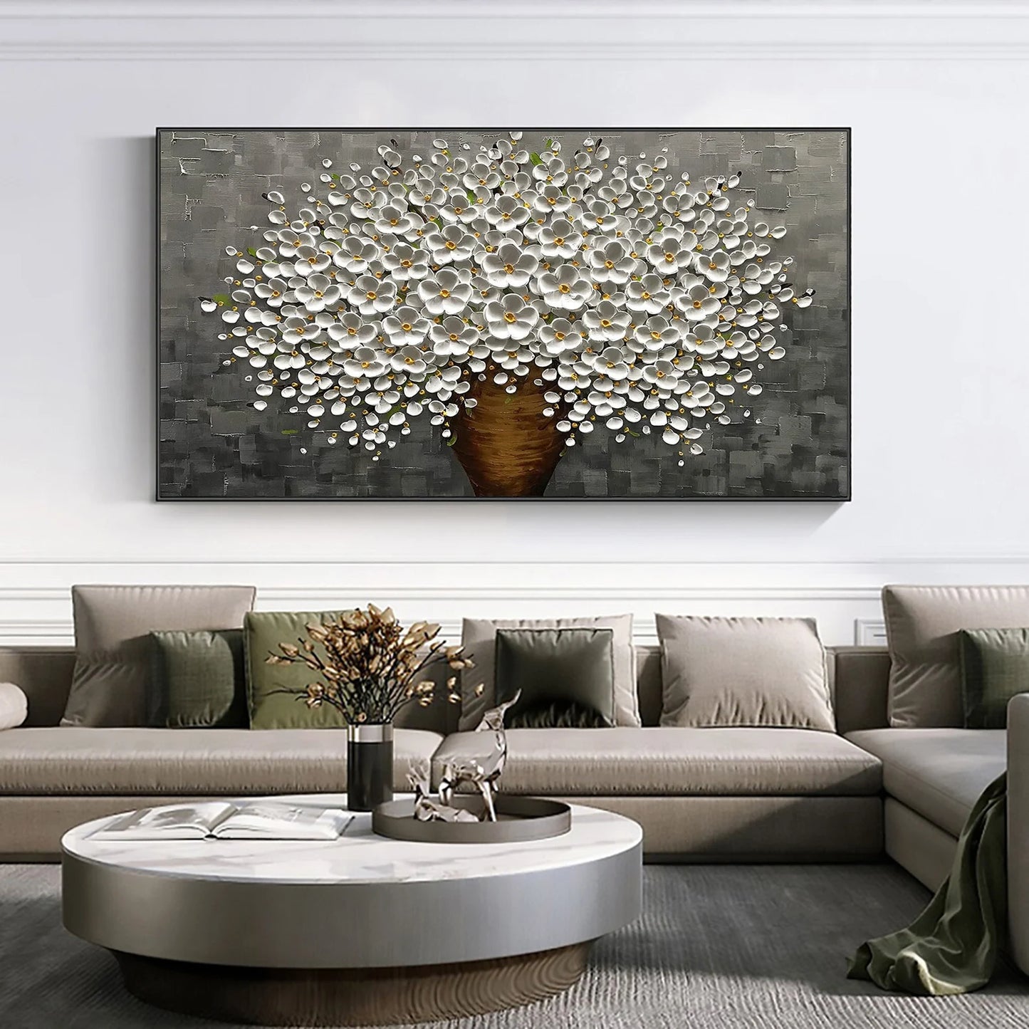 HAND DRAWN Cherry Blossom Black and White Oil Painting