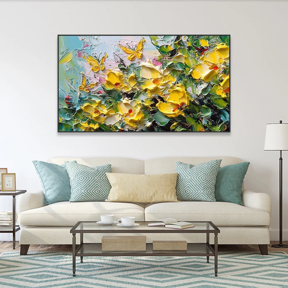 HAND DRAWN Yellow Flowers and Yellow Butterflies Oil Painting