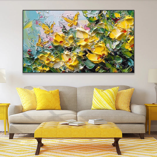 HAND DRAWN Yellow Flowers and Yellow Butterflies Oil Painting