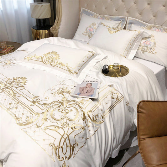 Golden Sweep White Duvet Cover Set (100% Egyptian Cotton)