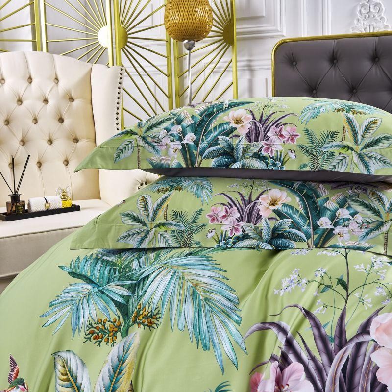 Flowers with Birds Green Duvet Cover Set (100% Egyptian Cotton)