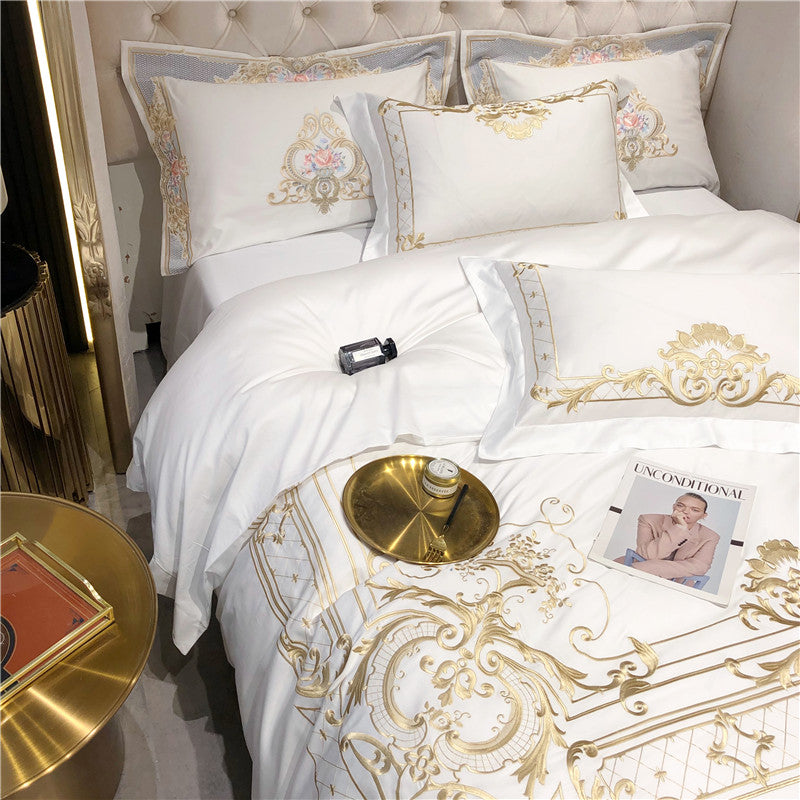 Golden Sweep White Duvet Cover Set (100% Egyptian Cotton)