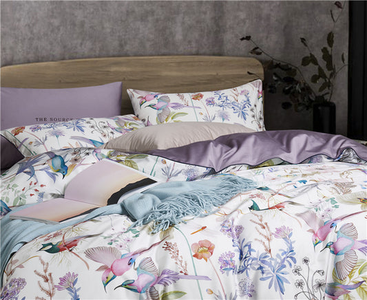 Birds with Flowers Purple Duvet Cover Set (100% Egyptian Cotton)