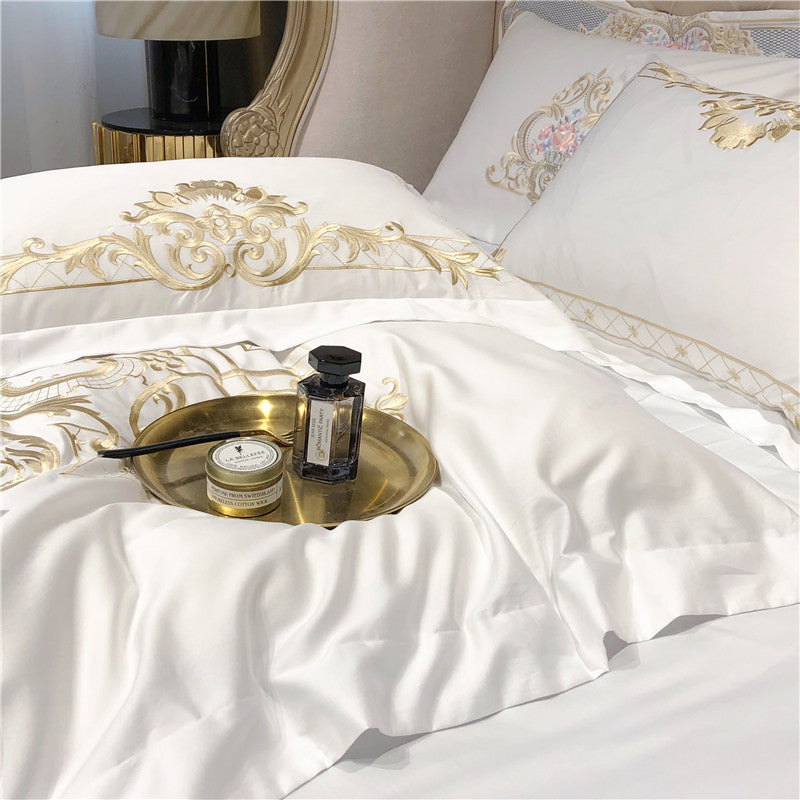 Golden Sweep White Duvet Cover Set (100% Egyptian Cotton)