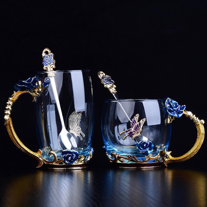 Rosen Schmetterling Glas mit Löffel Set