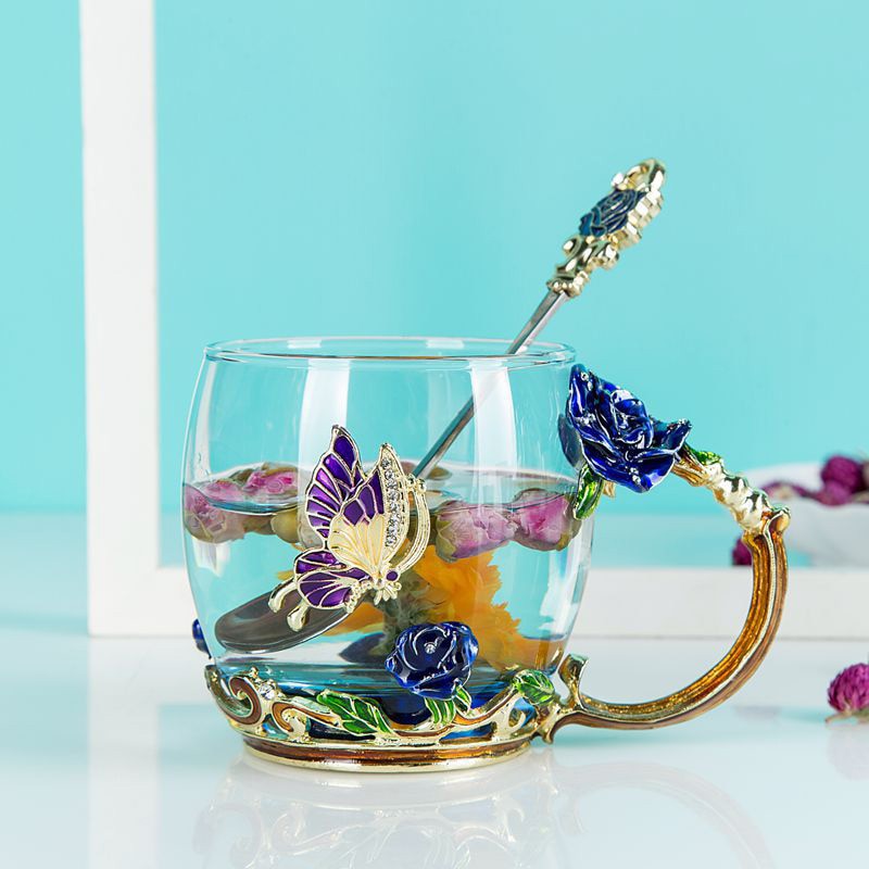 Rose Butterfly Glass with Spoon Set