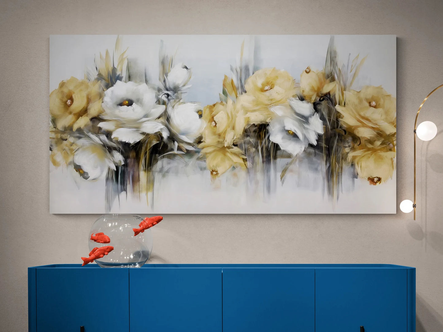 Gelb und Weisse Blumen mit silber Glitzer (von Hand gesetzt) Leinwand