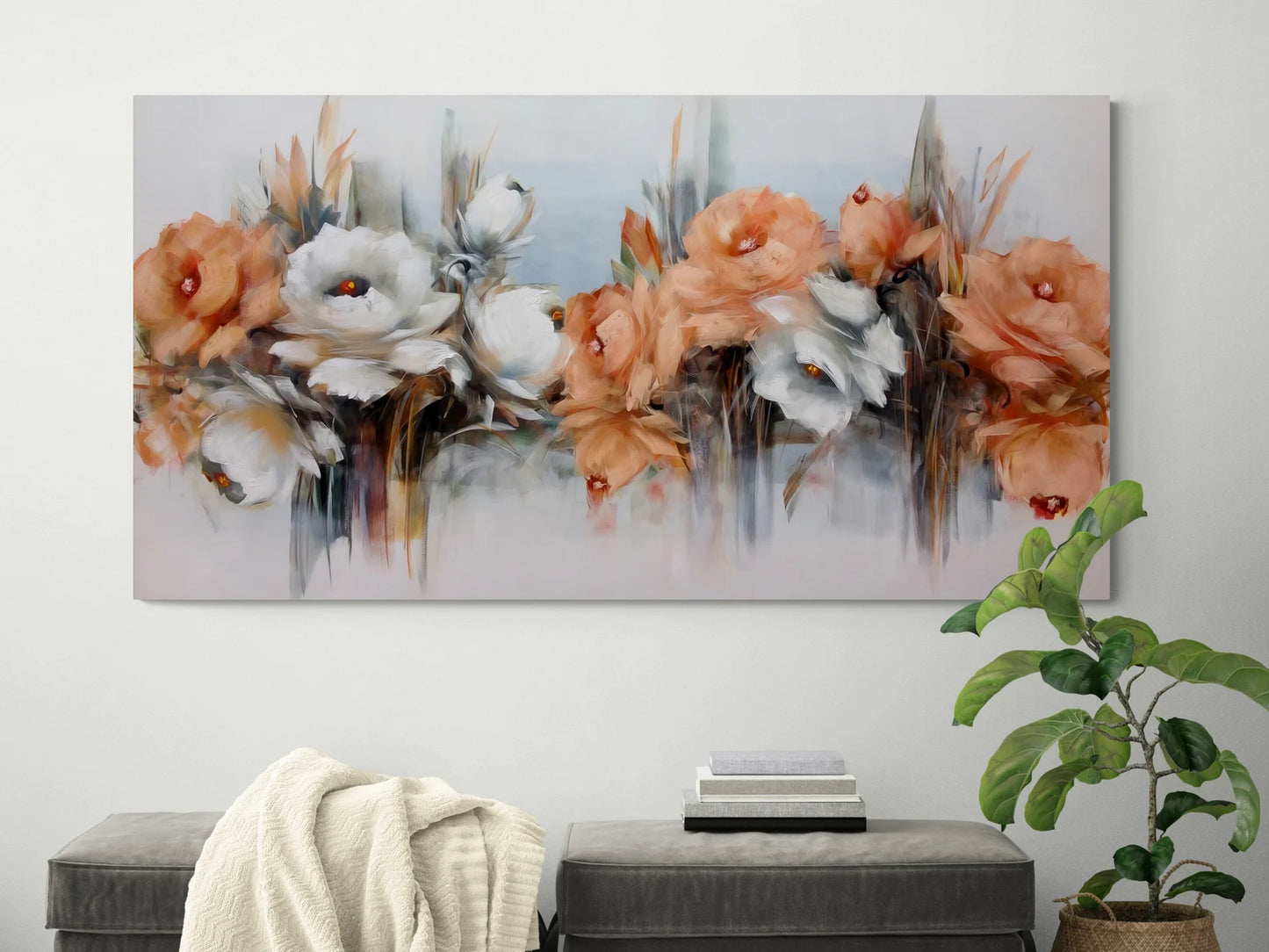 Orange und Weisse Blumen mit silber Glitzer (von Hand gesetzt) Leinwand