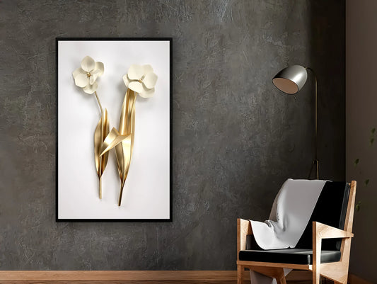 Goldige Blume Canvakunst mit Rahmen Handmade Gold Glitzer