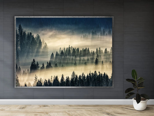 Wald mit Nebel Canvakunst mit Rahmen