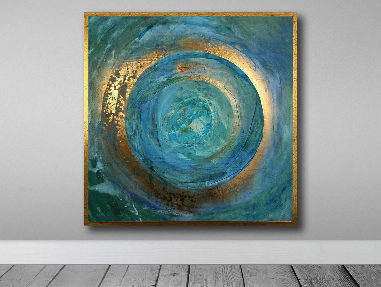 Golden Circle in Blue Canvas Art Handmade Gold Glitter